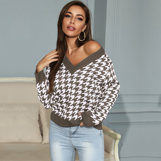 Damen Oversized Pullover mit modernem Hahnentrittmuster und tiefem V-Ausschnitt R&B
