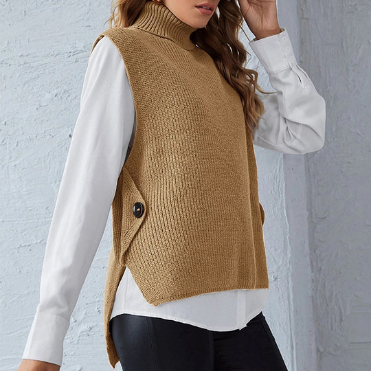 Damen ärmellose Strickjacke mit hohem Kragen und Knopfdetails R&B