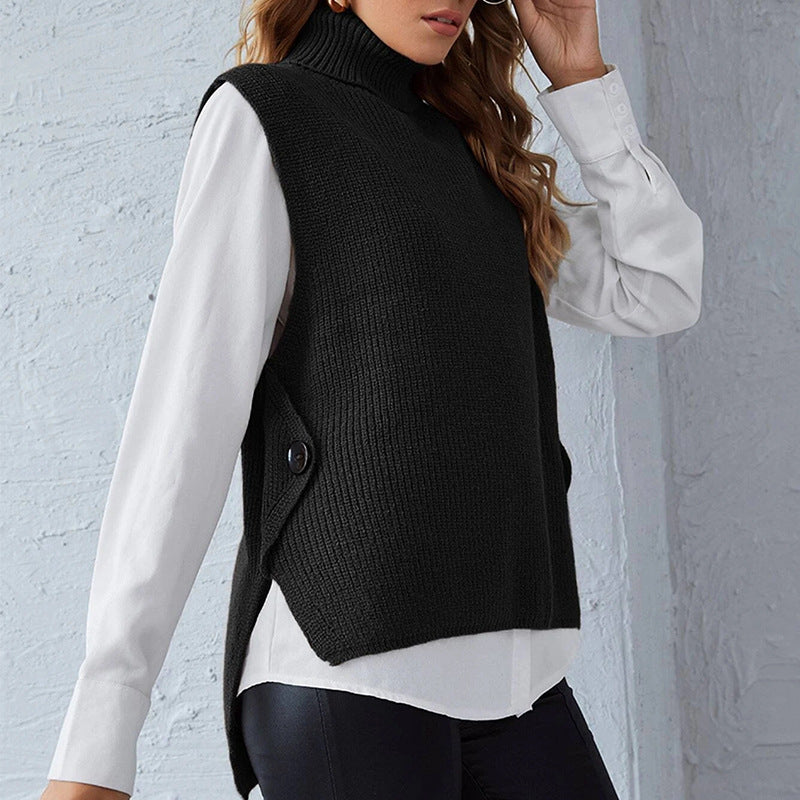 Damen ärmellose Strickjacke mit hohem Kragen und Knopfdetails R&B