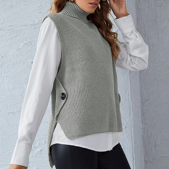 Damen ärmellose Strickjacke mit hohem Kragen und Knopfdetails R&B