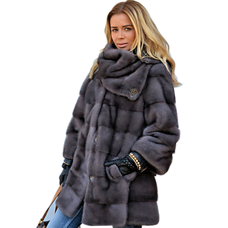 Damen Flauschiger Kunstpelzmantel mit hochgeschlossenem Kragen und seitlichen Taschen R&B