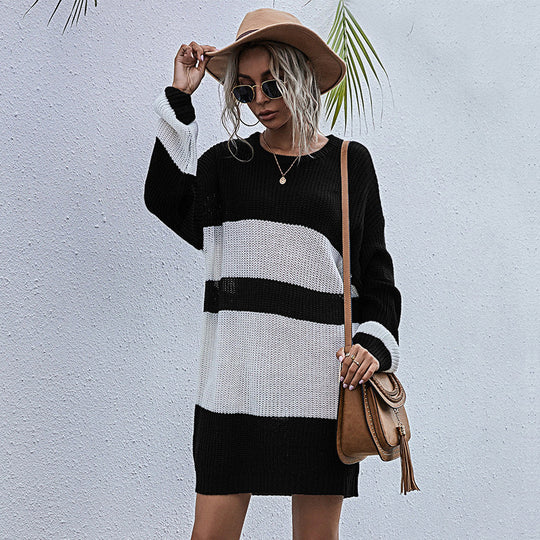 Damen Oversize-Strickkleid mit modischem Streifenmuster R&B
