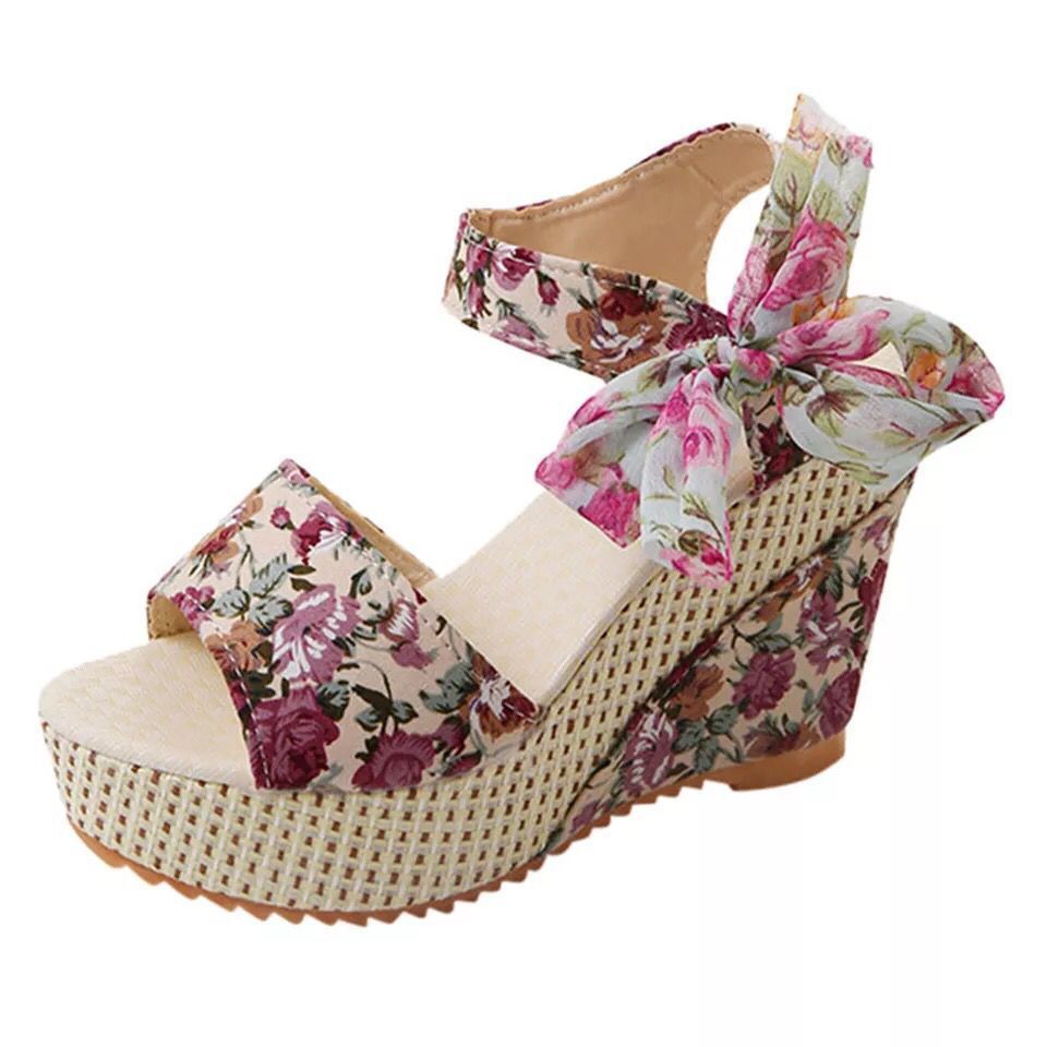 Damen nan romantische Spitzen-Keilabsatzsandalen mit Bast-Plateau und Zierschleife R&B