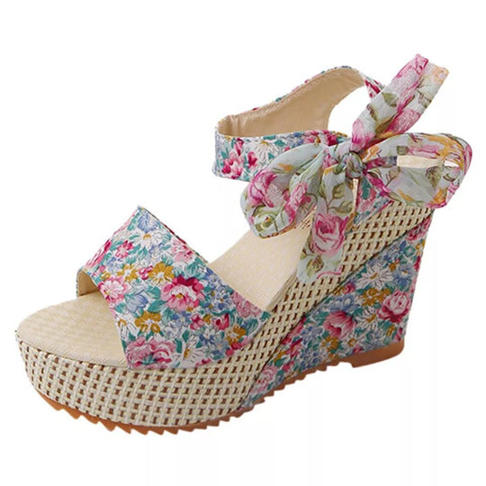 Damen nan romantische Spitzen-Keilabsatzsandalen mit Bast-Plateau und Zierschleife R&B