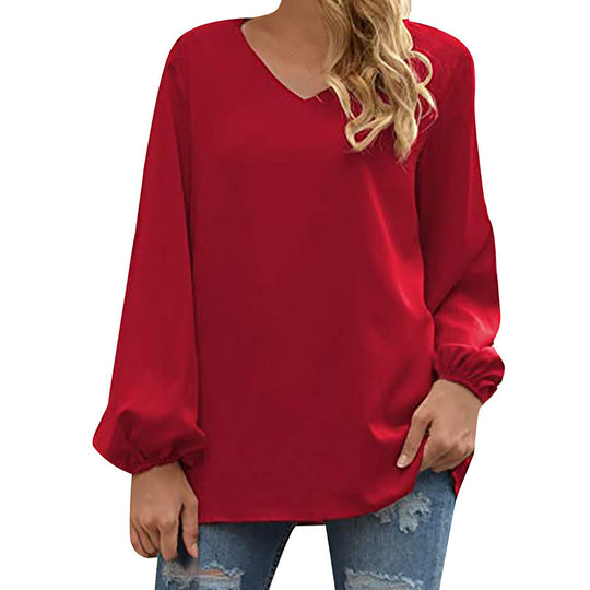 Damen Satin-Bluse mit elegantem V-Ausschnitt und ballonförmigen Ärmeln R&B
