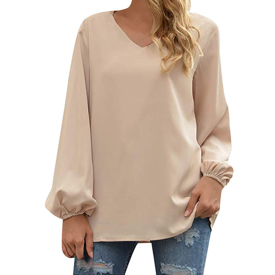 Damen Satin-Bluse mit elegantem V-Ausschnitt und ballonförmigen Ärmeln R&B