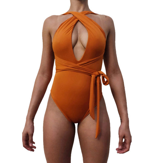 Damen Einteiler Badeanzug mit innovativem Wickel-Design und tiefem Ausschnitt R&B