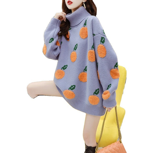 Damen Großer Rollkragenpullover mit fröhlichem Fruchtmuster R&B