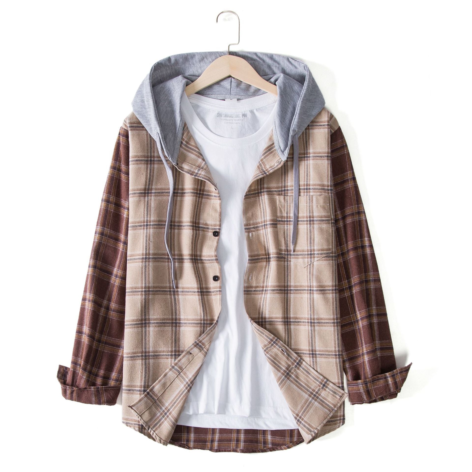 Herren Flanellhemdjacke mit integrierter Kapuze und modernem Karomuster