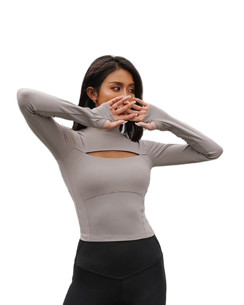 Damen figurbetontes Sportoberteil mit hohem Kragen und Cut-Out-Detail R&B