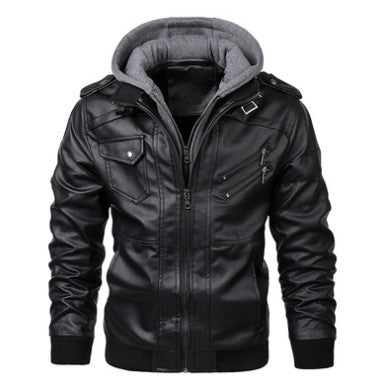 Herren Kunstlederjacke mit abnehmbarer Kapuze und mehreren Reißverschlusstaschen R&B