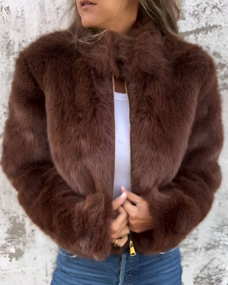 R&B | Hoher Kragen Reißverschluss Flauschige Jacke