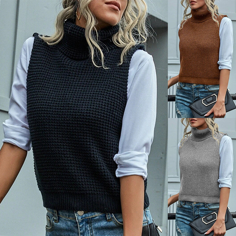 Damen Grobstrick-Westenpulli mit hohem Kragen und raffiniertem Strukturmuster R&B