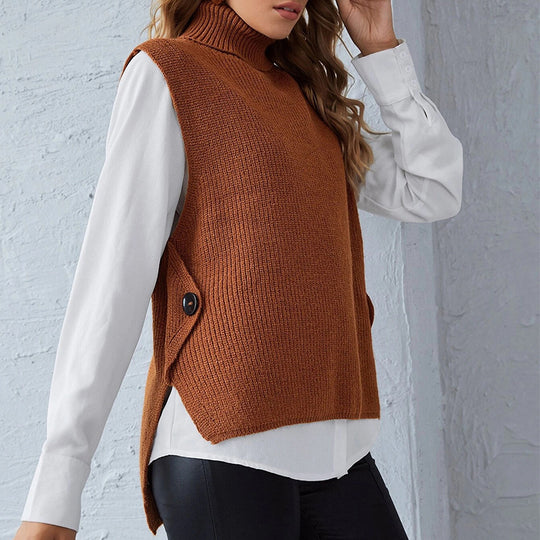 Damen ärmellose Strickjacke mit hohem Kragen und Knopfdetails R&B