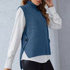 Damen ärmellose Strickjacke mit hohem Kragen und Knopfdetails R&B