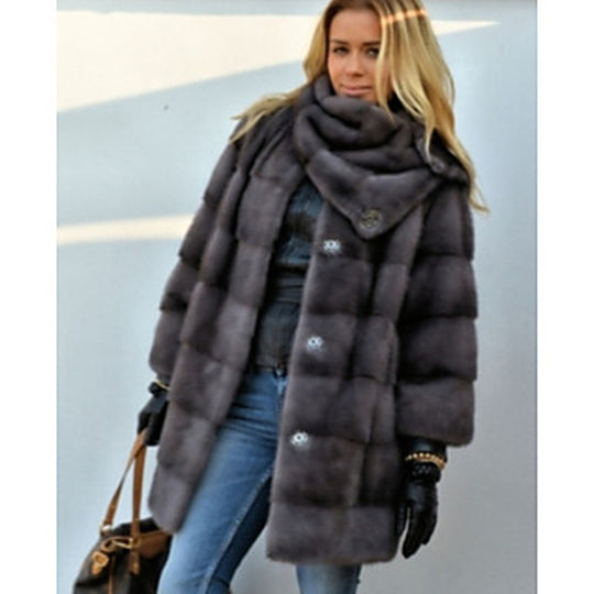 Damen Flauschiger Kunstpelzmantel mit hochgeschlossenem Kragen und seitlichen Taschen R&B