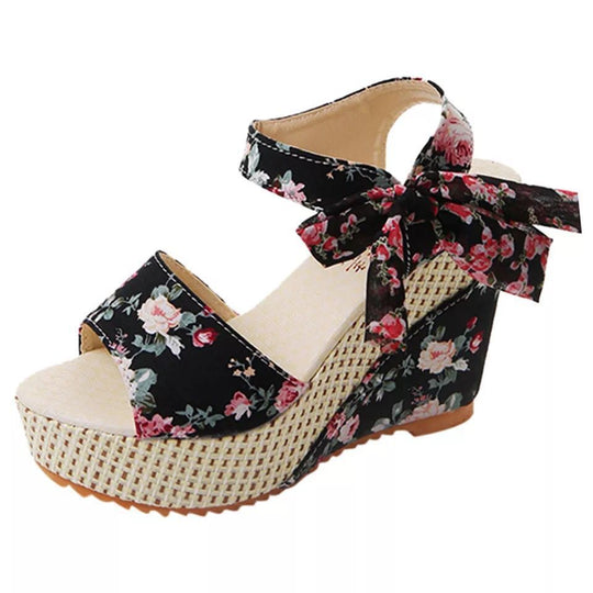 Damen nan romantische Spitzen-Keilabsatzsandalen mit Bast-Plateau und Zierschleife R&B