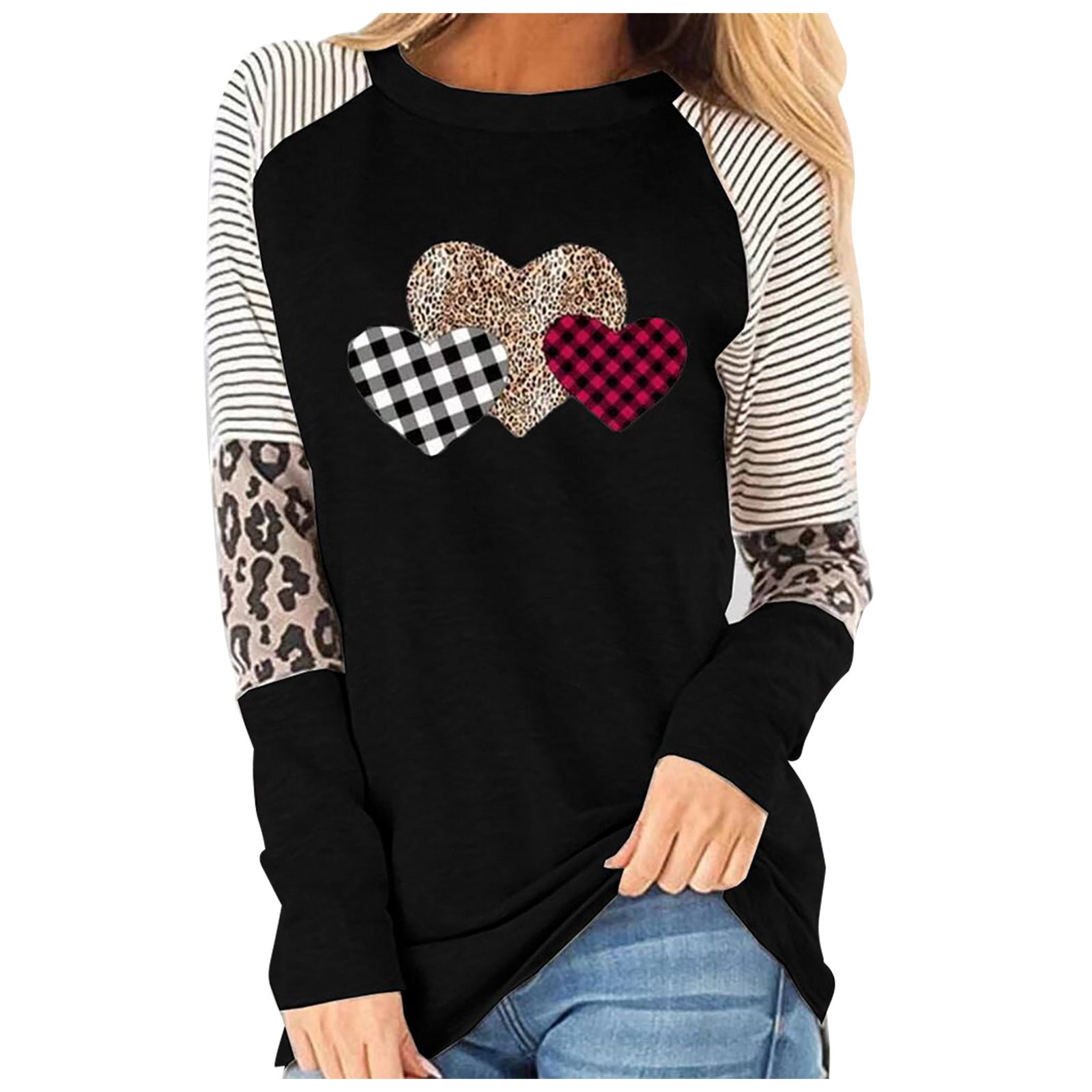 Damen Raglan-Shirt mit Herz-Design und Leo-Detail R&B