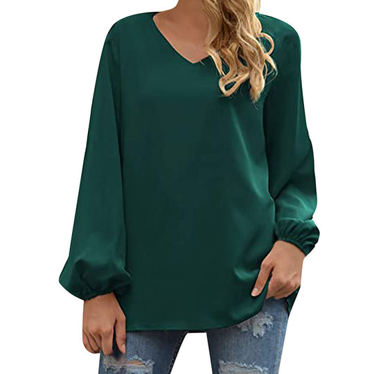 Damen Satin-Bluse mit elegantem V-Ausschnitt und ballonförmigen Ärmeln R&B