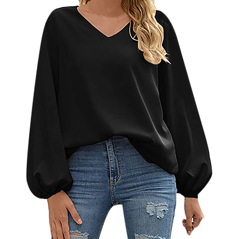Damen Satin-Bluse mit elegantem V-Ausschnitt und ballonförmigen Ärmeln R&B