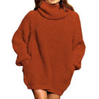 Damen gemütlicher Oversized Strickpullover mit hohem Kragen und praktischen Taschen R&B