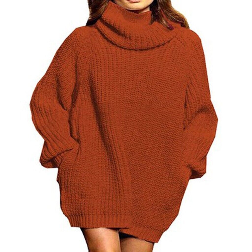 Damen gemütlicher Oversized Strickpullover mit hohem Kragen und praktischen Taschen R&B