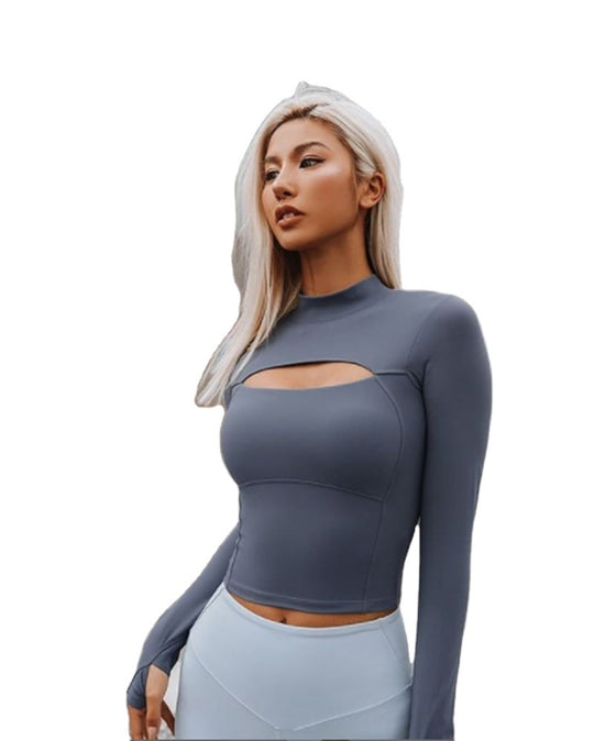 Damen figurbetontes Sportoberteil mit hohem Kragen und Cut-Out-Detail R&B