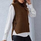 Damen ärmellose Strickjacke mit hohem Kragen und Knopfdetails R&B