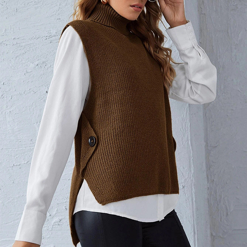 Damen ärmellose Strickjacke mit hohem Kragen und Knopfdetails R&B