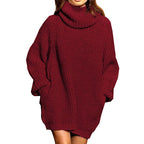 Damen gemütlicher Oversized Strickpullover mit hohem Kragen und praktischen Taschen R&B