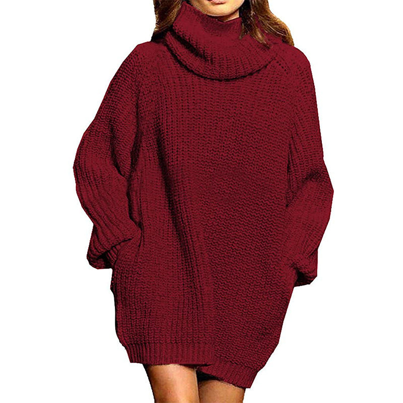 Damen gemütlicher Oversized Strickpullover mit hohem Kragen und praktischen Taschen R&B