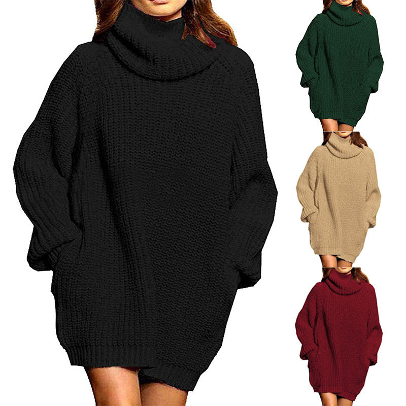 Damen gemütlicher Oversized Strickpullover mit hohem Kragen und praktischen Taschen R&B