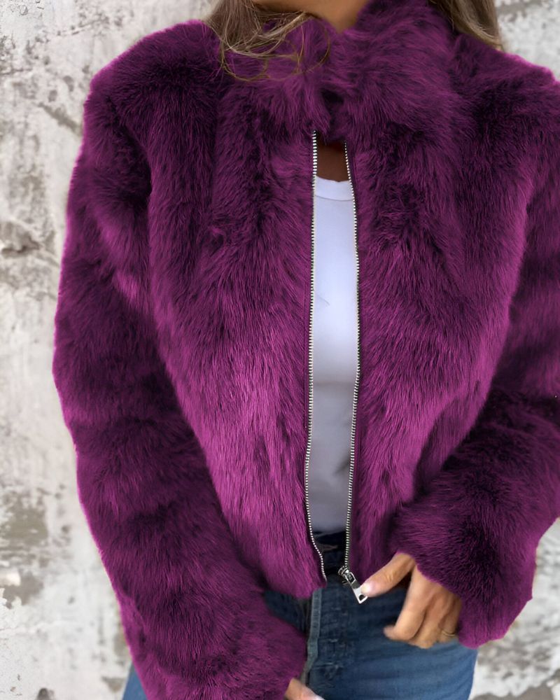 R&B | Hoher Kragen Reißverschluss Flauschige Jacke