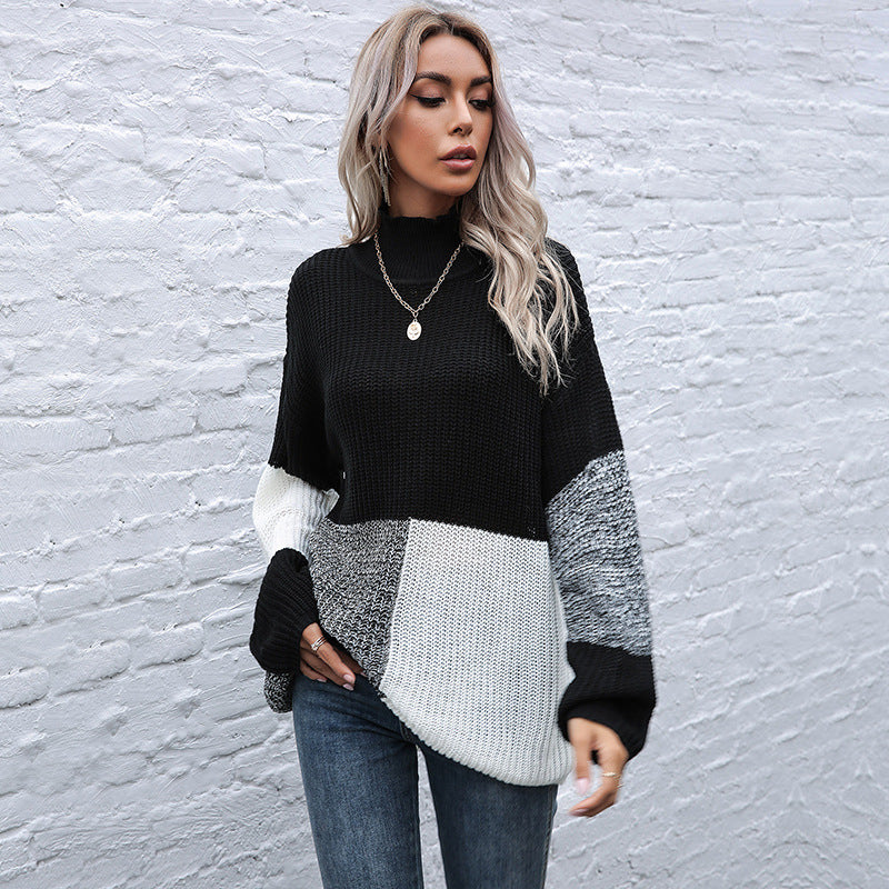 Damen Grobstrickpullover mit asymmetrischen Farbblockdesign und hohem Kragen R&B