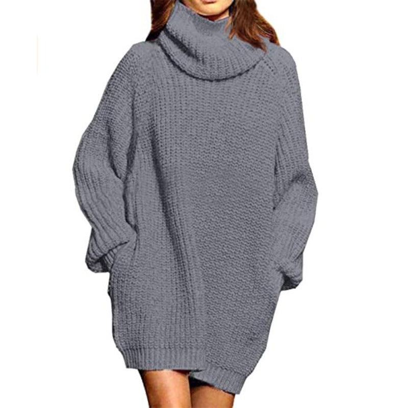 Damen gemütlicher Oversized Strickpullover mit hohem Kragen und praktischen Taschen R&B