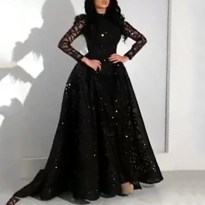 Damen Elegantes Abendkleid mit transparenten Ärmeln und glitzerndem Oberteil R&B