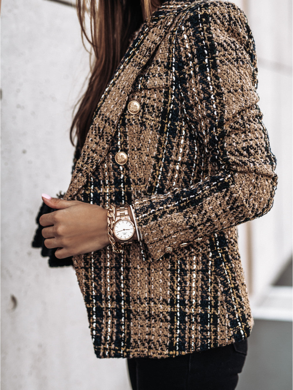 Damen Modischer Bouclé-Blazer mit doppelter Knopfleiste und strukturiertem GewR&Be R&B