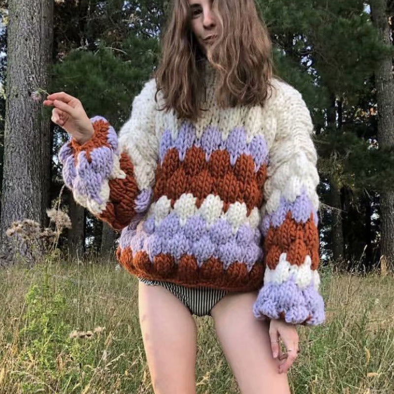 Damen Grobstrickpullover mit modischem Wellenmuster und voluminösen Ärmeln R&B