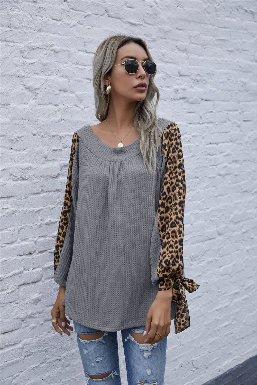 Damen Oberteil mit Leopardenmuster und voluminösen Ärmeln R&B
