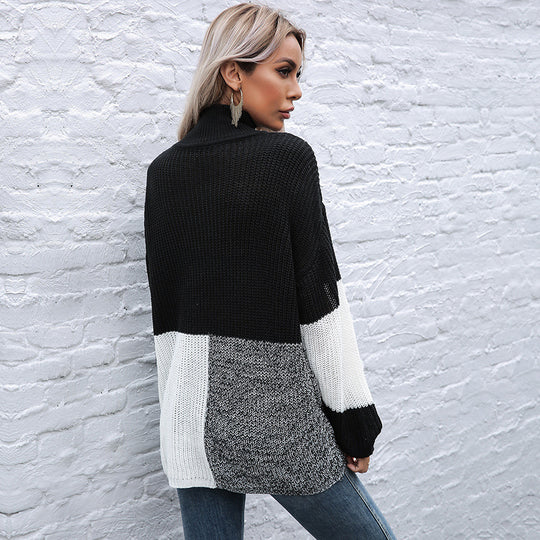 Damen Grobstrickpullover mit asymmetrischen Farbblockdesign und hohem Kragen R&B