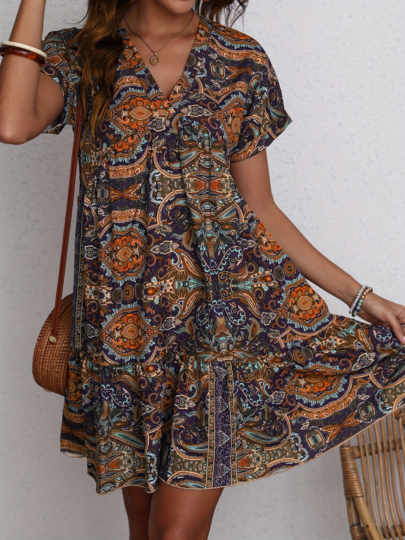 R&B | Paisley V-Ausschnitt Kleid Locker Kurzarm Sommerkleid