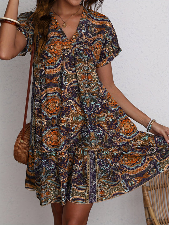 R&B | Paisley V-Ausschnitt Kleid Locker Kurzarm Sommerkleid