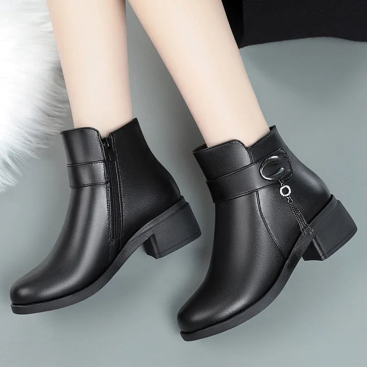 R&B | Damen Echtes Leder Metall Schnalle Samt Stiefel