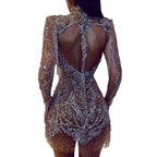 Damen Glamouröses Pailletten-Minikleid mit hochgeschlossenem Design und transparenten Ärmeln R&B