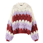 Damen modischer Grobstrickpullover mit farbenfrohem Wellenmuster und großzügigen Ärmeln R&B
