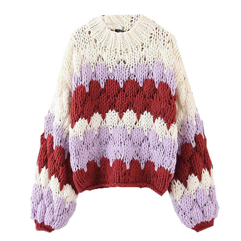 Damen modischer Grobstrickpullover mit farbenfrohem Wellenmuster und großzügigen Ärmeln R&B
