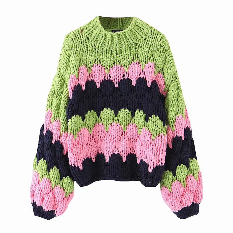 Damen Grobstrickpullover mit modischem Wellenmuster und voluminösen Ärmeln R&B
