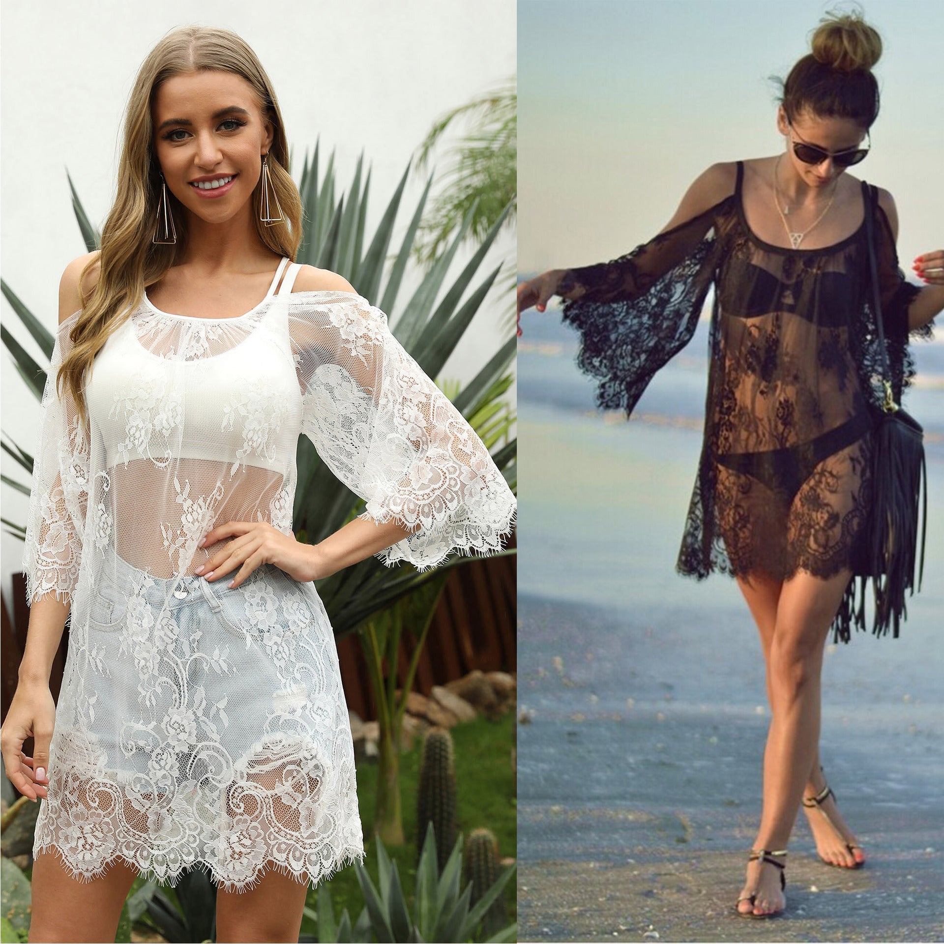 Damen transparenter Spitzen-Strandüberwurf R&B