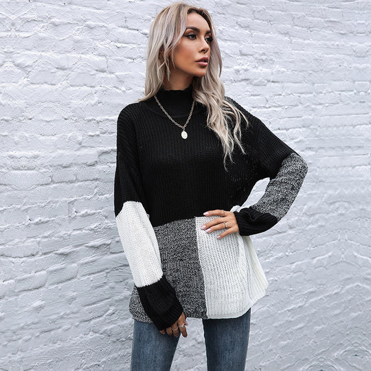 Damen Grobstrickpullover mit asymmetrischen Farbblockdesign und hohem Kragen R&B