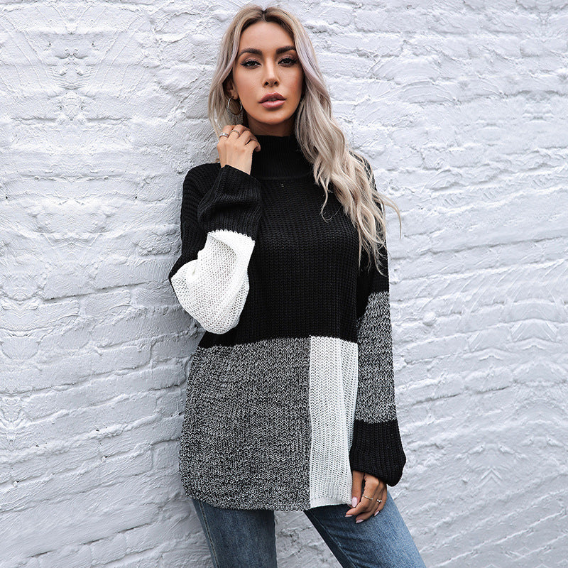 Damen Grobstrickpullover mit asymmetrischen Farbblockdesign und hohem Kragen R&B
